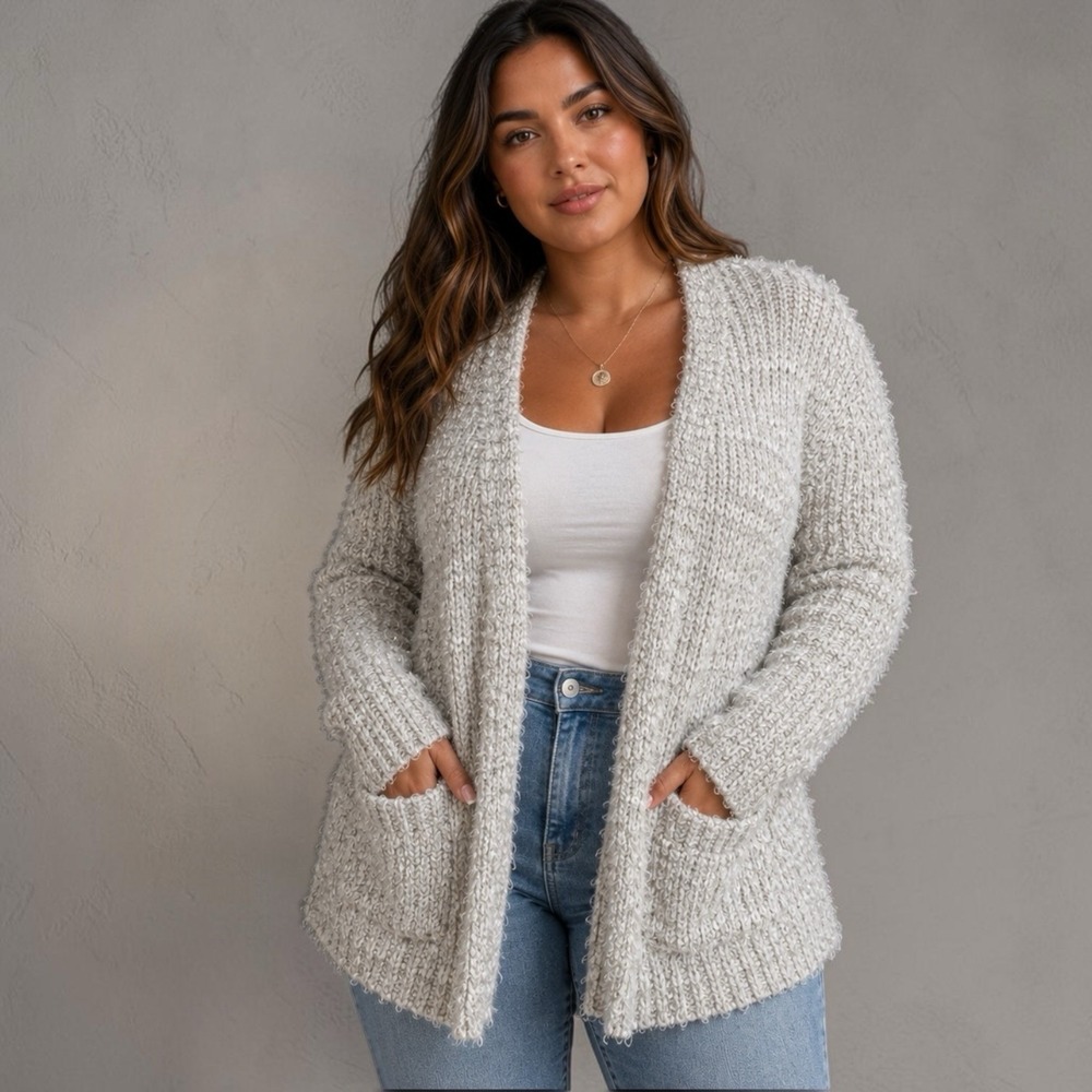 Woven Heart Womens XL Gray Cream Chunky Textured Knit Cardigan Cozy Oversized